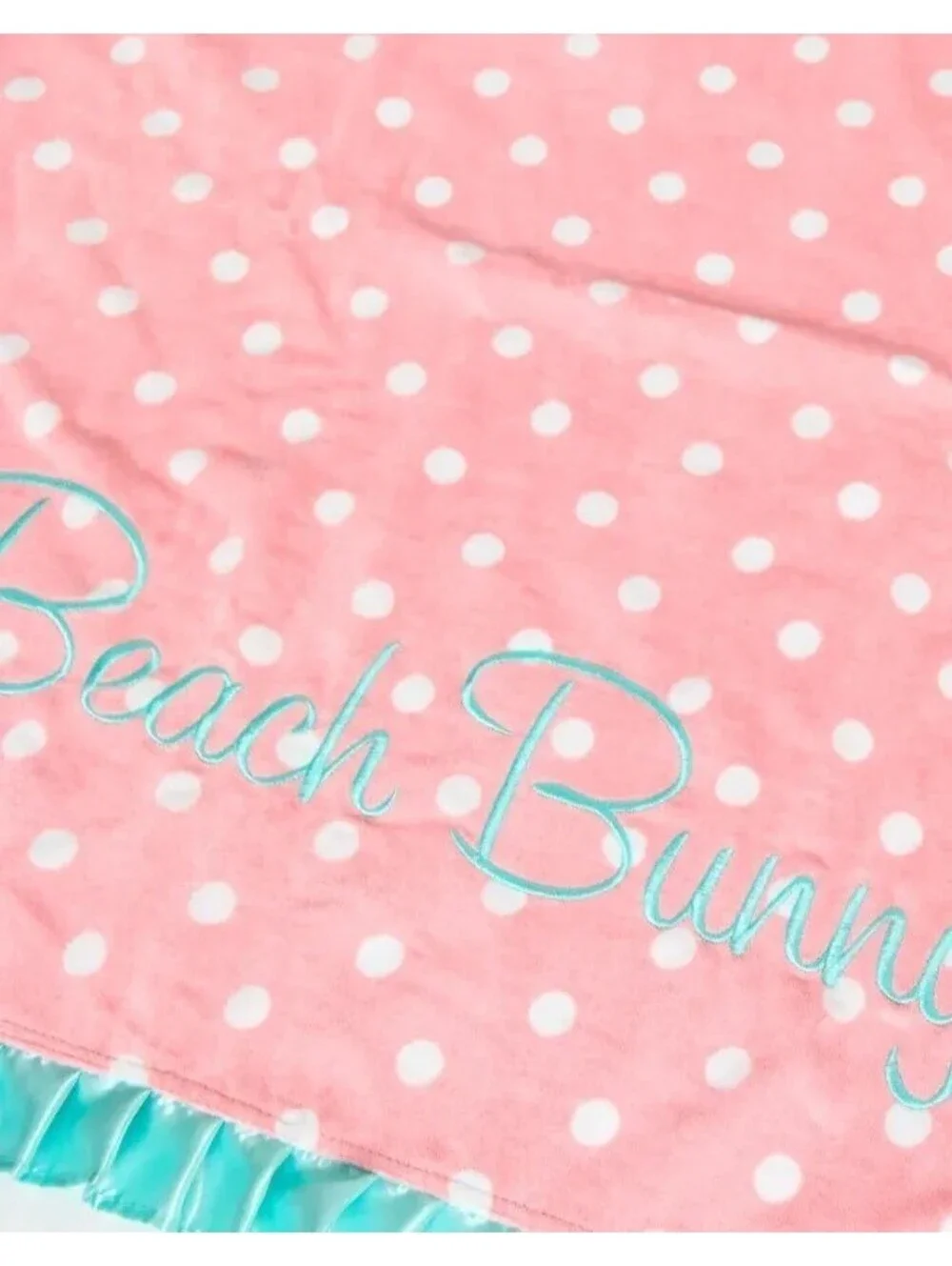BEACH BUNNY PINK & WHITE POLKA DOT BEACH TOWEL WITH AQUA BLUE RUFFLE SATIN TRIM